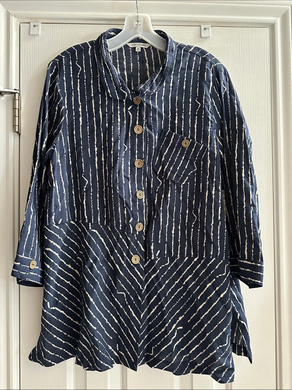 John Mark Navy White Striped Tunic NWT Women’s M Boho Chic Eclectic Casual Luxe